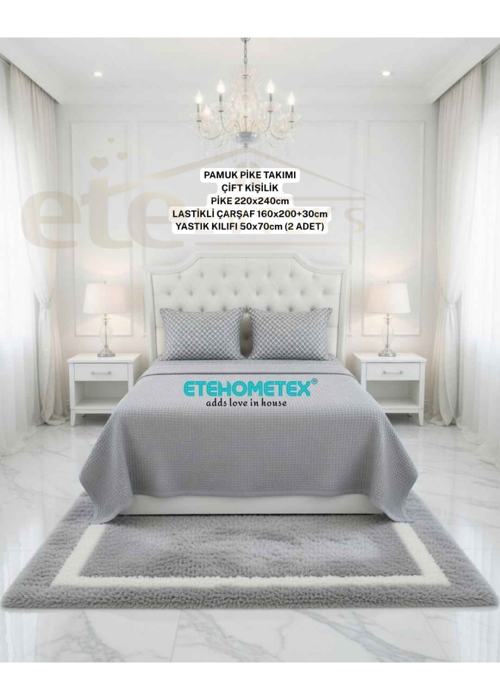 ETEHOMETEX ÇİFT KİŞİLİK %100 PAMUK HAVUZLU PİKE TAKIMI GRİ 8696474232075